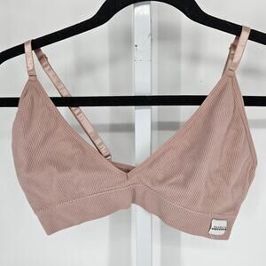 Danskin Intimates Womens Sz L V Neck Unlined Bra Light Blush Pink Ribbed